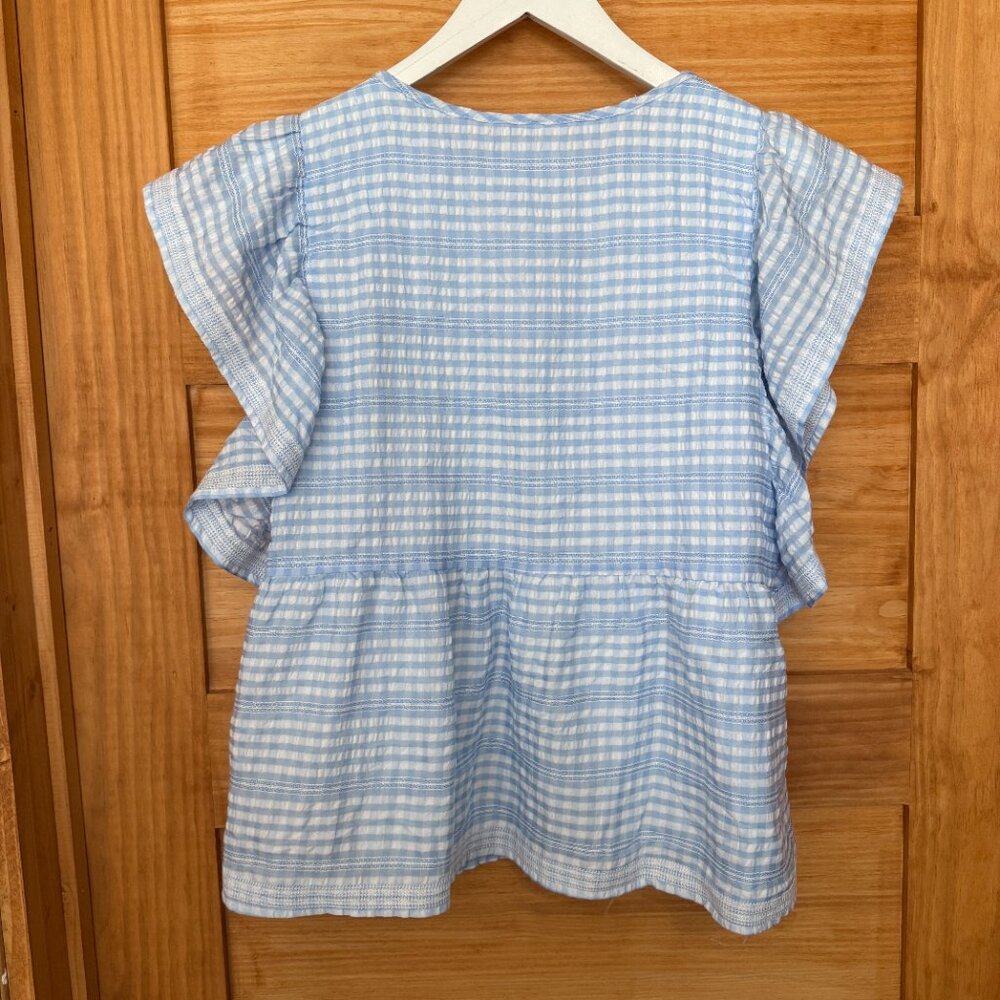 J Marie Sally Blue Gingham Plaid Flutter Sleeve Peasant Top Women's size M - Picture 7 of 8